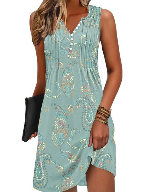 Dresses & Skirts - Women's Floral Daimond Swim Cover up V-Neck Summer Button Sleeveless Mini Dress